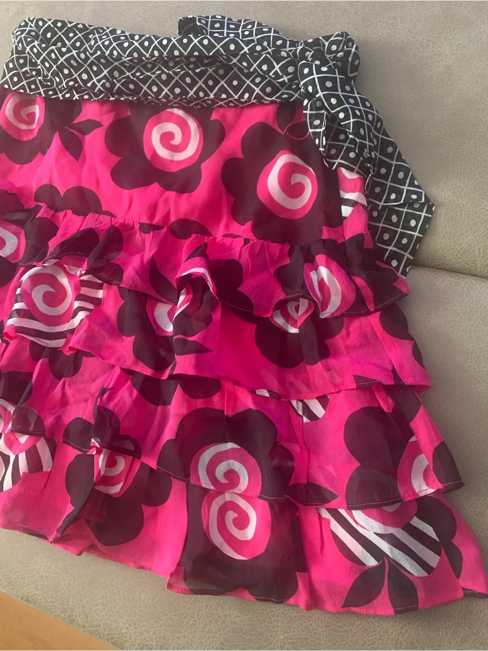 Vtg Y2K Celia Birtwell Express Black Pink Floral Silk Tiered Mini Skirt Size 2